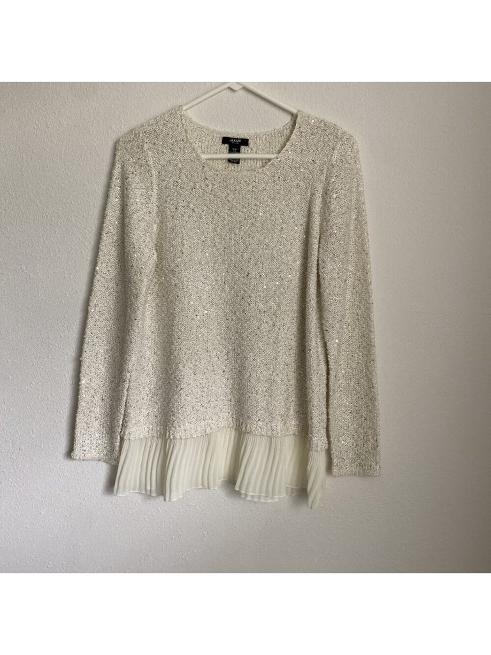 Alfani Women's Petite Medium Knit Biege Sweater Gold Sequin Metallic Sparkles